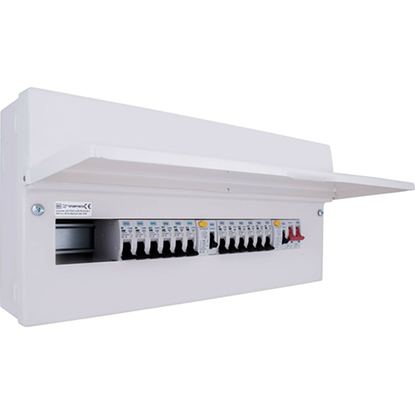 Picture of 16 Way with 100A Switch, 2 x 63A 30mA RCD, 12 x MCB's Metal Populated Dual RCD Consumer Unit