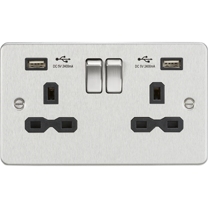 Picture of 13A 2 Gang Switched Socket with Dual USB Charger (2.4A) - Brushed Chrome with Black Insert