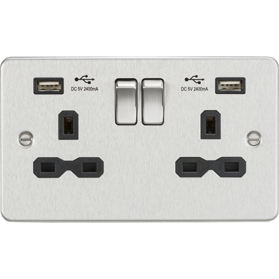 Picture of 13A 2 Gang Single Pole Switched Socket with Dual USB A+A (5V DC 2.4A shared) - Brushed Chrome with Black Insert