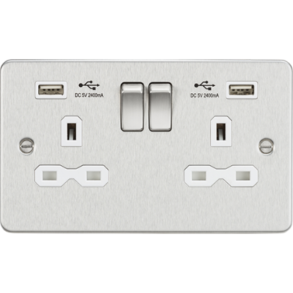 Picture of 13A 2 Gang Switched Socket with Dual USB Charger (2.4A) - Brushed Chrome with White Insert