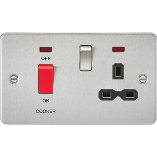 Picture of 45A Double Pole Switch and 13A Switched Socket with Neon - Brushed Chrome with Black Inserts