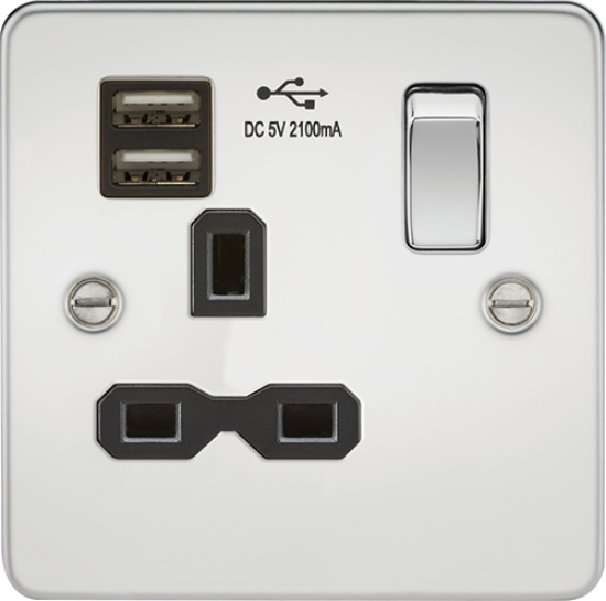 Picture of 13A 1 Gang Switched Socket with Dual USB Charger (2.1A) - Polished Chrome with Black Insert