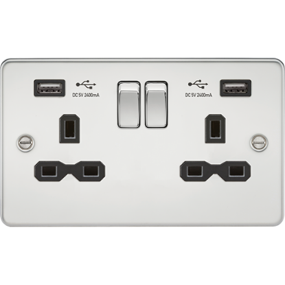 Picture of 13A 2 Gang Switched Socket with Dual USB Charger (2.4A) - Polished Chrome with Black Insert