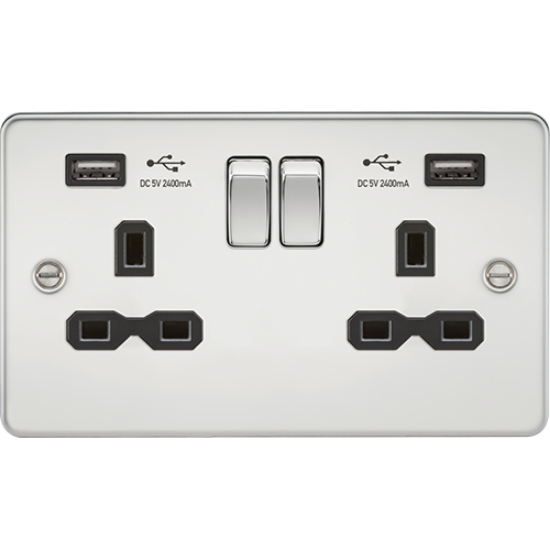 Picture of 13A 2 Gang Switched Socket with Dual USB Charger (2.4A) - Polished Chrome with Black Insert