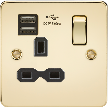 Picture of 13A 1 Gang Switched Socket with Dual USB Charger (2.1A) - Polished Brass with Black Insert