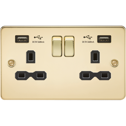 Picture of 13A 2 Gang Switched Socket with Dual USB Charger (2.4A) - Polished Brass with Black Insert