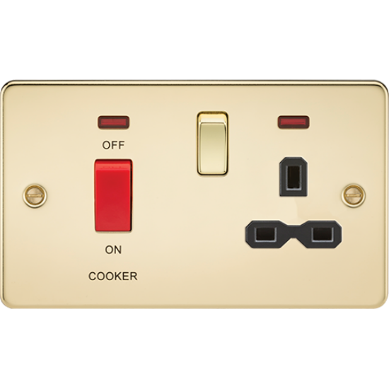 Picture of 45A Double Pole Switch and 13A Switched Socket with Neon - Polished Brass with Black Insert