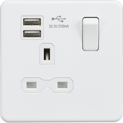 Picture of 13A 1 Gang Switched Socket with Dual USB Charger (2.1A) - Matt White