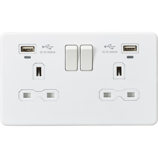 Picture of 13A 2 Gang Switched Socket, Dual USB (2.4A) with LED Charge Indicators - Matt White