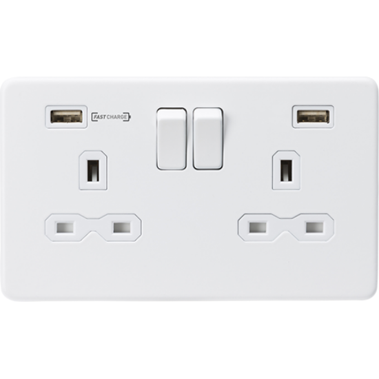 Picture of 13A 2 Gang Double Pole Switched Socket with Dual USB Charger (Type-A FAST CHARGE port) - Matt White