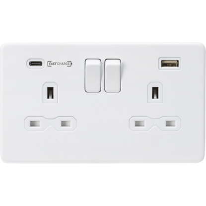 Picture of 13A 2 Gang Double Pole Switched Socket with Dual USB Charger (Type-C FAST CHARGE port) - Matt White