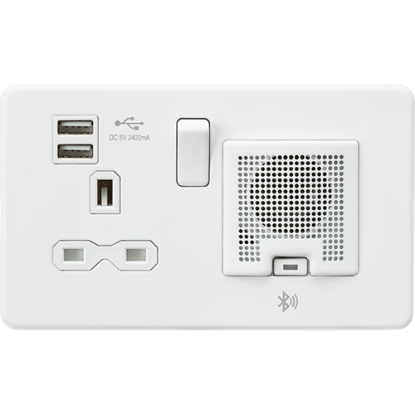 Picture of 13A Socket, USB Chargers (2.4A) and Bluetooth Speaker - Matt White