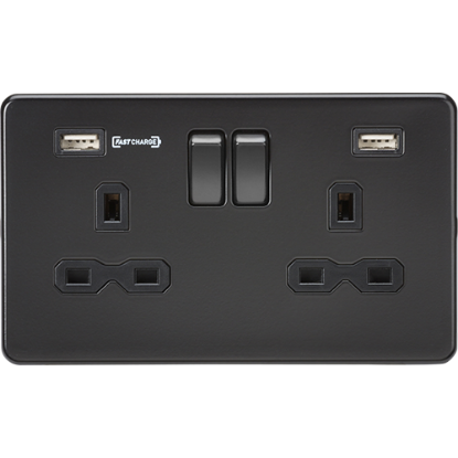 Picture of 13A 2 Gang Double Pole Switched Socket with Dual USB Charger (Type-A FASTCHARGE port) - Matt Black