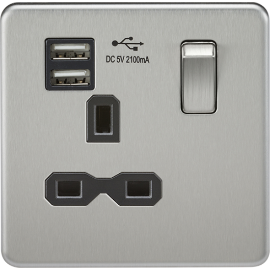 Picture of 13A 1 Gang Switched Socket with Dual USB Charger (2.1A) - Brushed Chrome with Black Insert