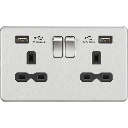 Picture of 13A 2 Gang Switched Socket with Dual USB Charger (2.4A) - Brushed Chrome with Black Insert