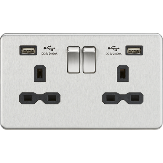 Picture of 13A 2 Gang Switched Socket with Dual USB Charger (2.4A) - Brushed Chrome with Black Insert