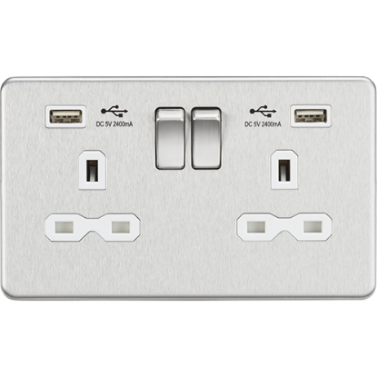 Picture of 13A 2 Gang Switched Socket with Dual USB Charger (2.4A) - Brushed Chrome with White Insert