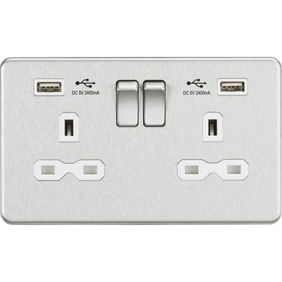 Picture of 13A 2 Gang Switched Socket with Dual USB Charger (2.4A) - Brushed Chrome with White Insert