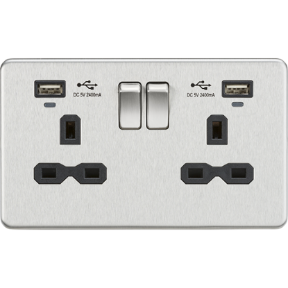 Picture of 13A 2 Gang Switched Socket, Dual USB (2.4A) with LED Charge Indicators - Brushed Chrome with Black Insert