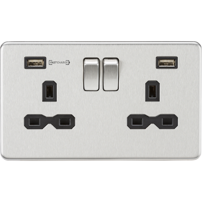 Picture of 13A 2 Gang Double Pole Switched Socket with Dual USB Charger (Type-A FASTCHARGE port) - Brushed Chrome with Black Inserts