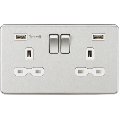 Picture of 13A 2 Gang Double Pole Switched Socket with Dual USB Charger (Type-A FASTCHARGE port) - Brushed Chrome with White Inserts