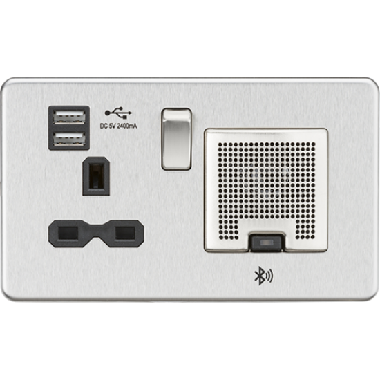 Picture of 13A Socket, USB Chargers (2.4A) and Bluetooth Speaker - Brushed Chrome with Black Insert