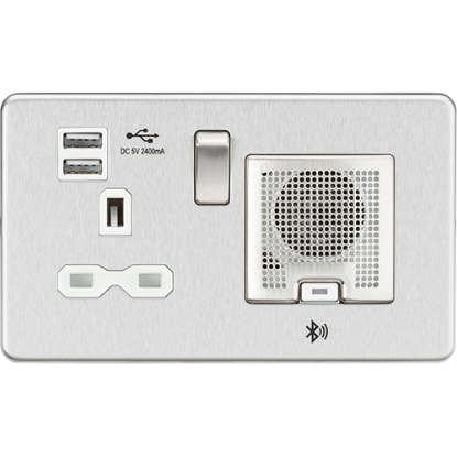 Picture of 13A Socket, USB Chargers (2.4A) and Bluetooth Speaker - Brushed Chrome with White Insert