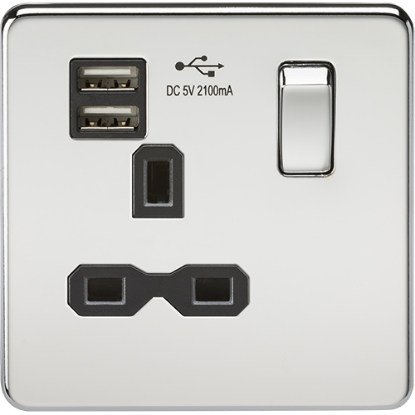 Picture of 13A 1 Gang Switched Socket with Dual USB Charger (2.1A) - Polished Chrome with Black Insert