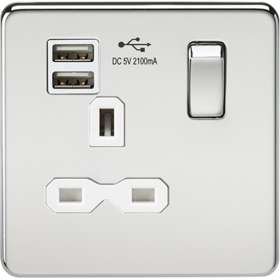 Picture of 13A 1 Gang Switched Socket with Dual USB Charger (2.1A) - Polished Chrome with White Insert