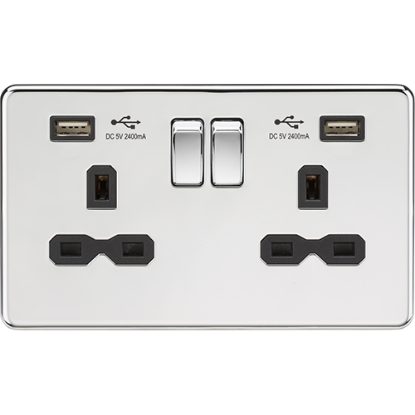 Picture of 13A 2 Gang Switched Socket with Dual USB Charger (2.4A) - Polished Chrome with Black Insert