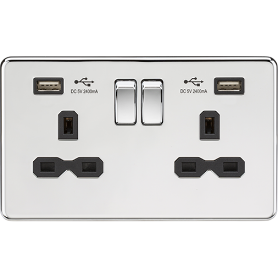 Picture of 13A 2 Gang Switched Socket with Dual USB Charger (2.4A) - Polished Chrome with Black Insert