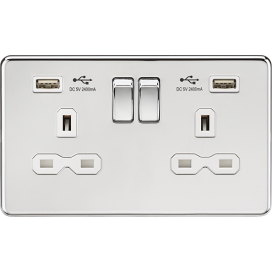 Picture of 13A 2 Gang Switched Socket with Dual USB Charger (2.4A) - Polished Chrome with White Insert