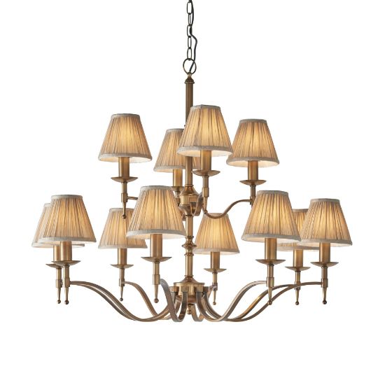 Picture of Stanford antique brass 12lt pendant & beige shades