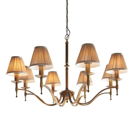 Picture of Stanford antique brass 8lt pendant & beige shades