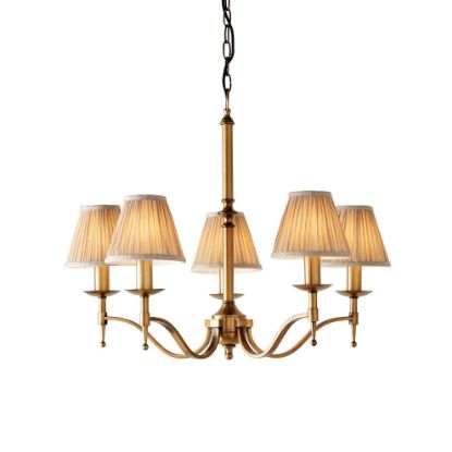 Picture of Stanford antique brass 5lt pendant & beige shades