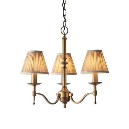 Picture of Stanford antique brass 3lt pendant & beige shades