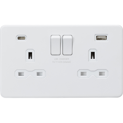 Picture of 13A 2G SP Switched Socket with Dual USB A+C (5V DC 4.0A shared) - Matt White with White Insert