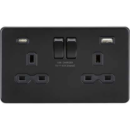 Picture of 13A 2G SP Switched Socket with Dual USB A+C (5V DC 4.0A shared) - Matt Black with Black Insert