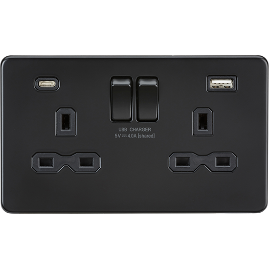 Picture of 13A 2G SP Switched Socket with Dual USB A+C (5V DC 4.0A shared) - Matt Black with Black Insert