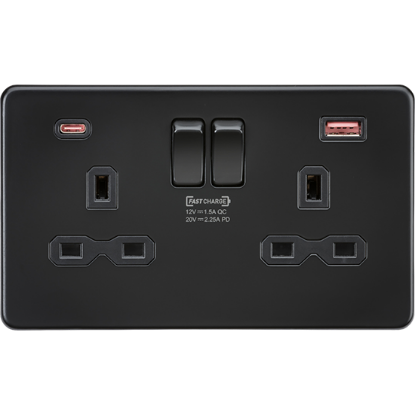 Picture of 13A 2G DP Switched Socket with Dual USB A+C 20V DC 2.25A (Max. 45W) - Matt Black with Black Insert