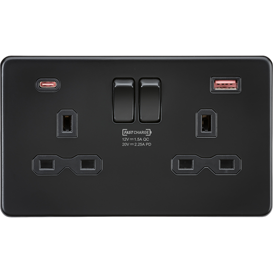 Picture of 13A 2G DP Switched Socket with Dual USB A+C 20V DC 2.25A (Max. 45W) - Matt Black with Black Insert