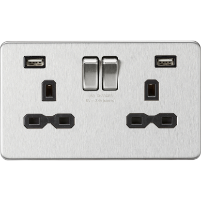 Picture of 13A 2 Gang Switched Socket with Dual USB Charger (2.4A) - Brushed Chrome with Black Insert