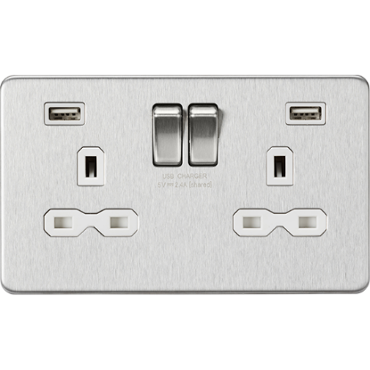 Picture of 13A 2 Gang Switched Socket with Dual USB Charger (2.4A) - Brushed Chrome with White Insert