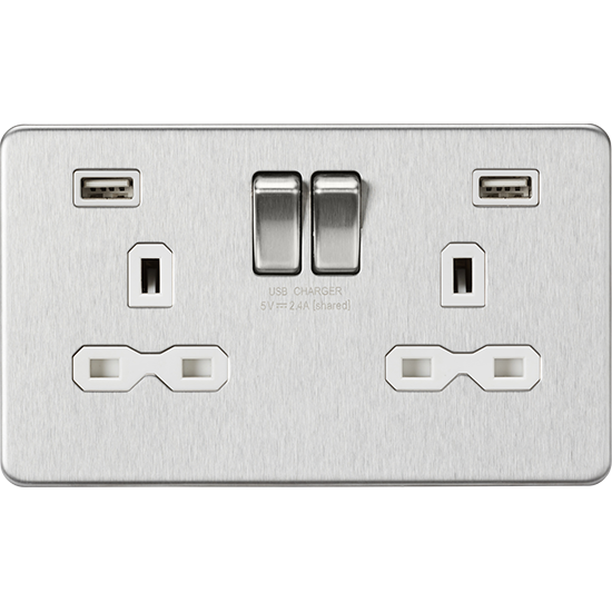 Picture of 13A 2 Gang Switched Socket with Dual USB Charger (2.4A) - Brushed Chrome with White Insert