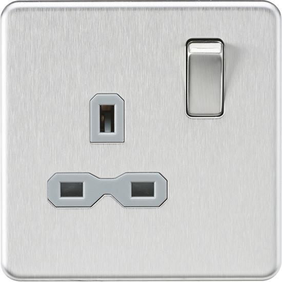 Picture of 13A 1 Gang Double Pole Switched Socket - Brushed Chrome with Grey Insert