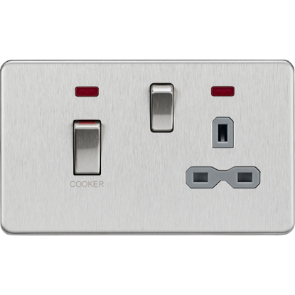 Picture of 45A DP Switch & 13A Socket with Neons - Brushed Chrome with Grey Insert