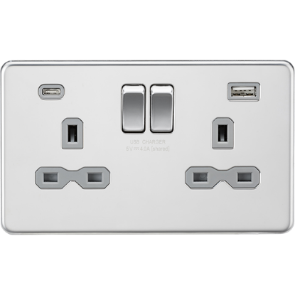 Picture of 13A 2G SP Switched Socket with Dual USB A+C (5V DC 4.0A shared) - Brushed Chrome with Grey Insert