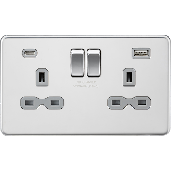 Picture of 13A 2G SP Switched Socket with Dual USB A+C (5V DC 4.0A shared) - Brushed Chrome with Grey Insert