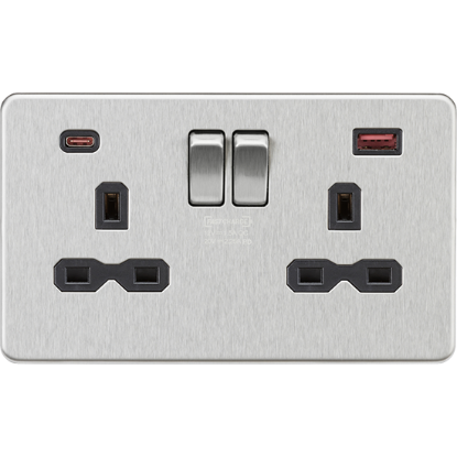 Picture of 13A 2G DP Switched Socket with Dual USB A+C 20V DC 2.25A (Max. 45W) - Brushed Chrome w/Black Insert