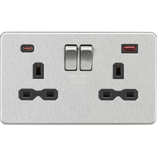 Picture of 13A 2G DP Switched Socket with Dual USB A+C 20V DC 2.25A (Max. 45W) - Brushed Chrome w/Black Insert